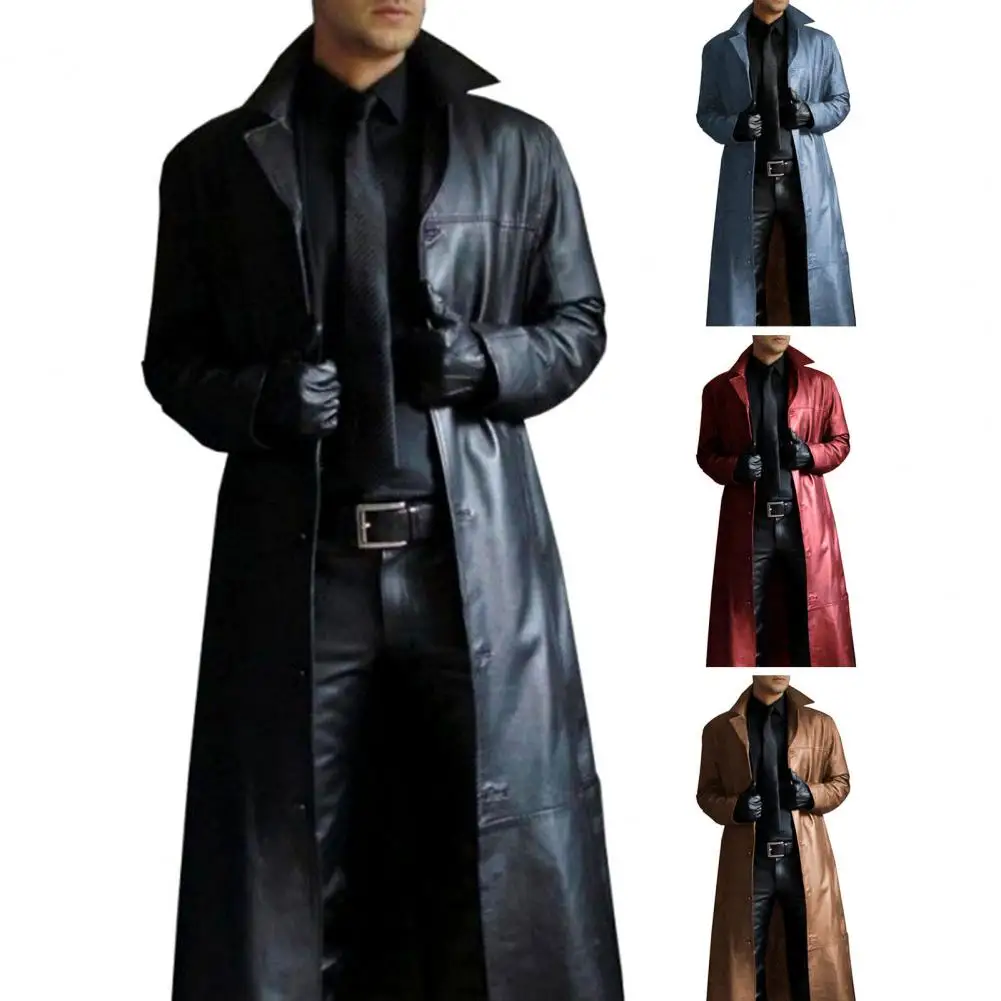 

Men Faux Leather Jacket Faux Leather Long Coat Streetwear Faux Leather Men's Trench Coat with Turn-down Collar for Slim