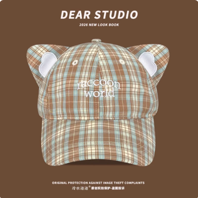 

Бейсболка унисекс с вышивкой в виде кошачьих ушек и клетчатым узором, весна-лето 2026, универсальная, для защиты от солнца