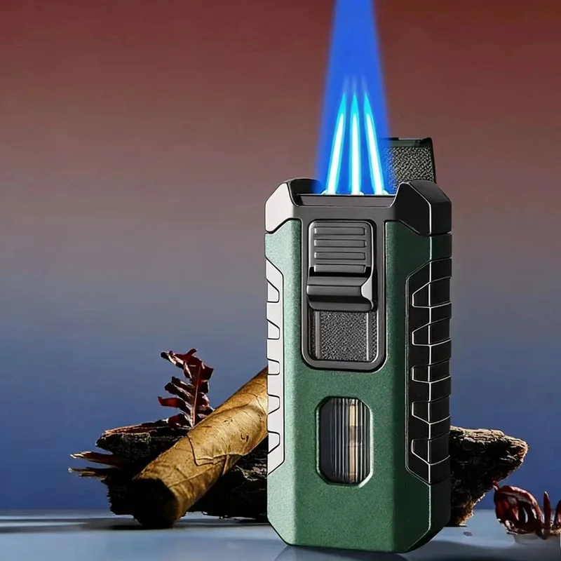 1300℃ Powerful Three-fire Direct Blue Flame Cigar Lighter, Large-capacity Visual Air Chamber Portable Inflatable Lighter