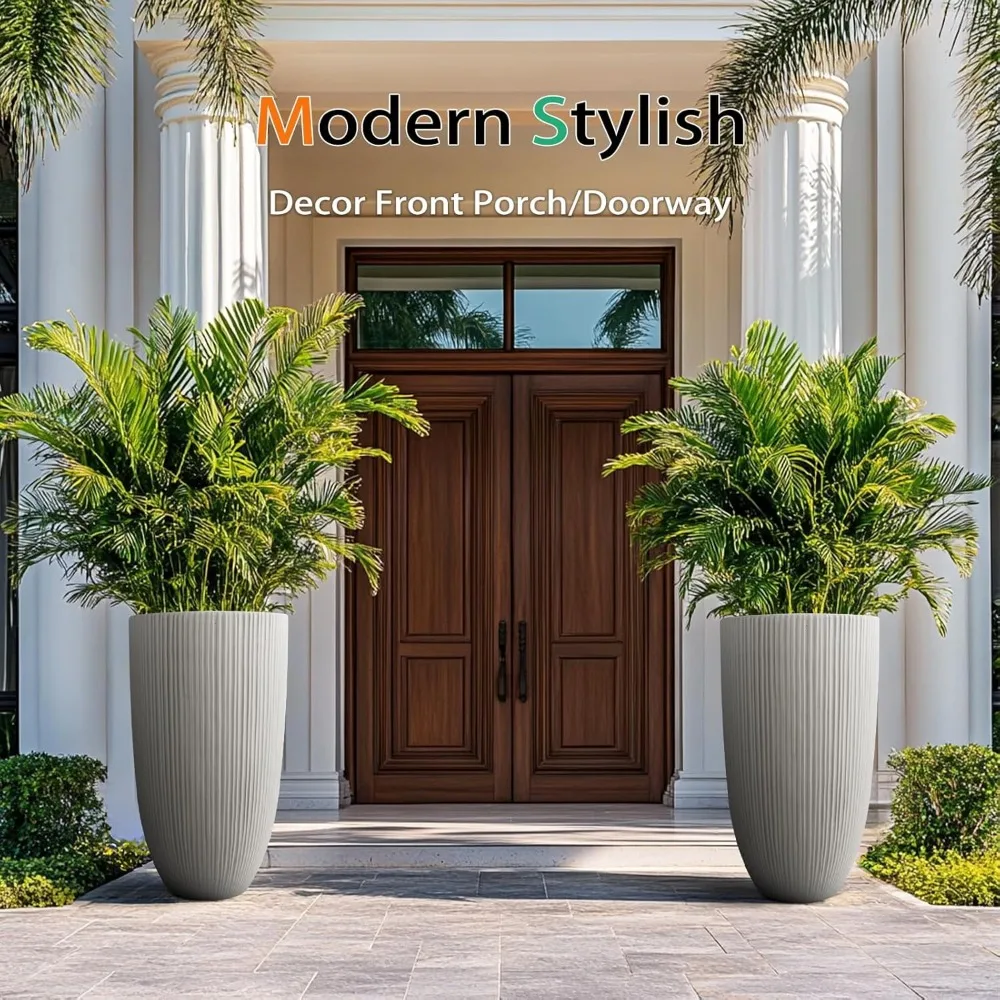 مزارعي خرسانة رمادية عمودية كبيرة للحدائق الخارجية والباحات والشرفات الأمامية - أوعية زهور طويلة بطول 24 بوصة للاستخدام الداخلي