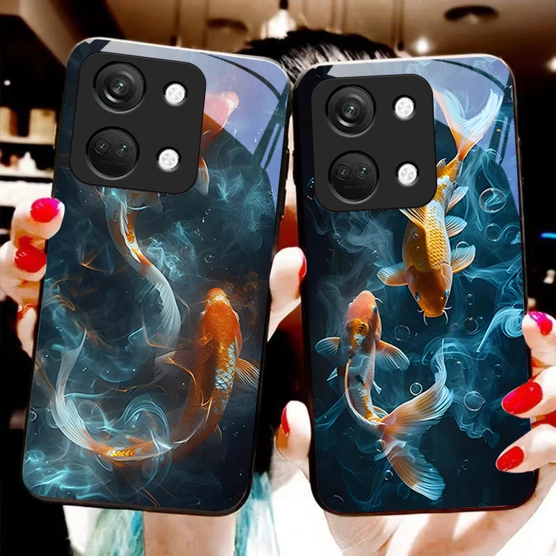 Chinese Wind Fish For OnePlus Nord 3 5 6T 7 Pro 8 12 10T Reno8 Lite 5G 10R Nord N30 Hard shell Tempered glass phone case black