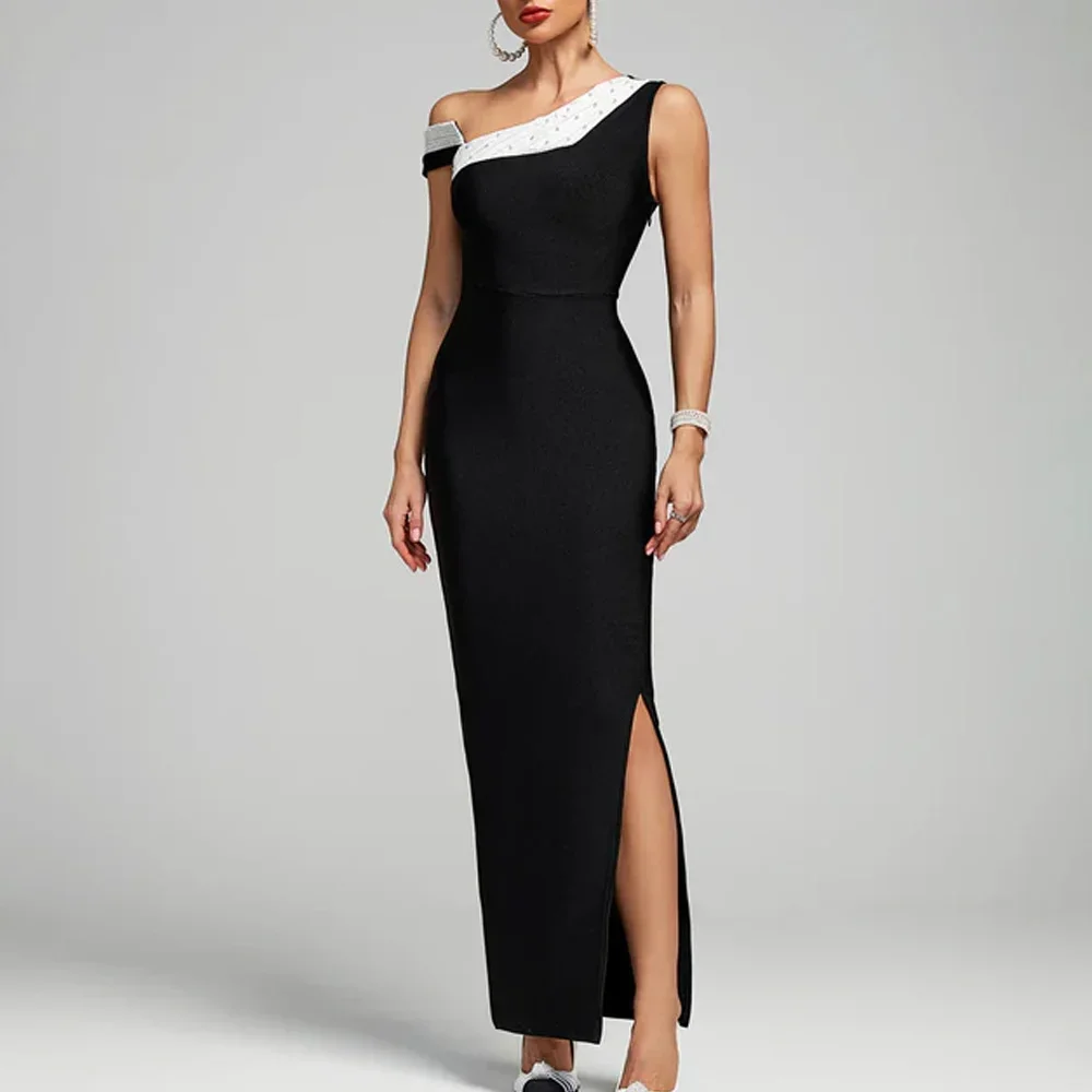 Abito lungo personalizzato con una spalla nero bianco perla Abiti da sera a trapezio Abiti da ballo formali squisiti di alta qualità da donna