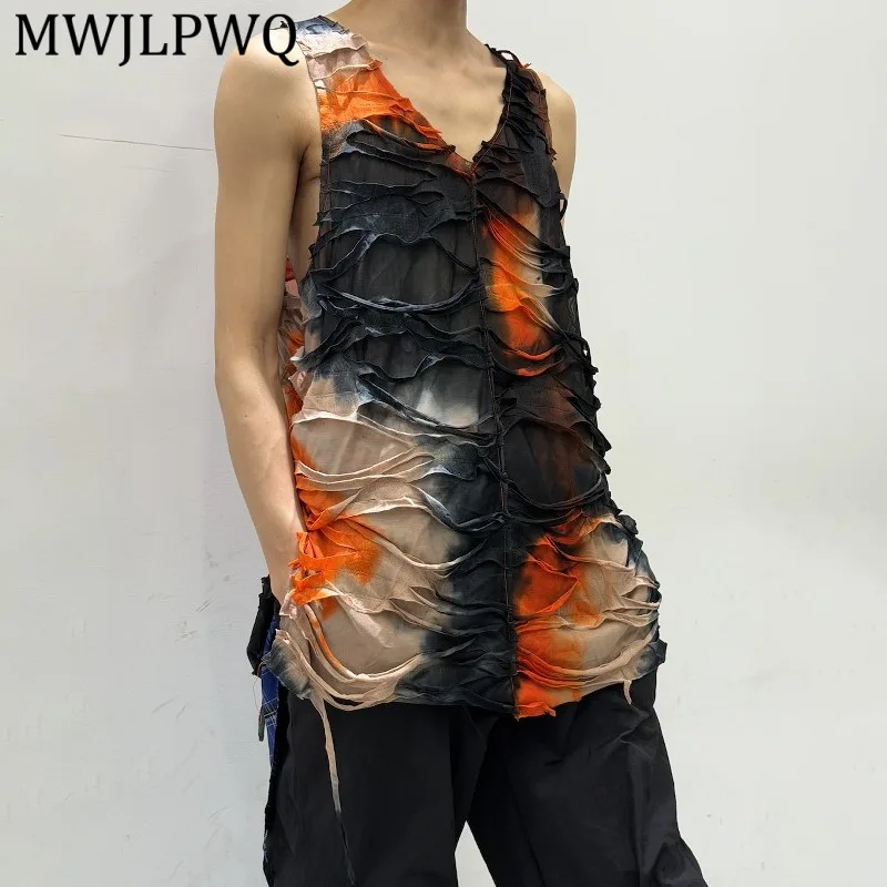 

MWJLPWQ Ripped V-Neck Tie-Dye Sleeveless Vest For Men Loose Fit Design Street Style Summer New Contrast Color Casual Tops 16078