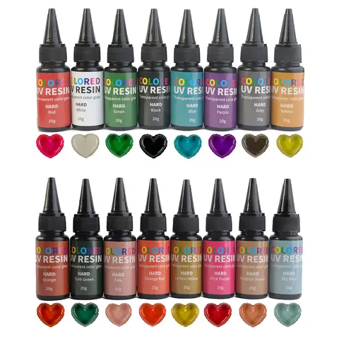16 가지 색상 UV 경화 하드 타입 수지 투명, 빠른 경화 무취 및 컬러 UV 수지 키트 보석 만들기, 공예, DIY 20g