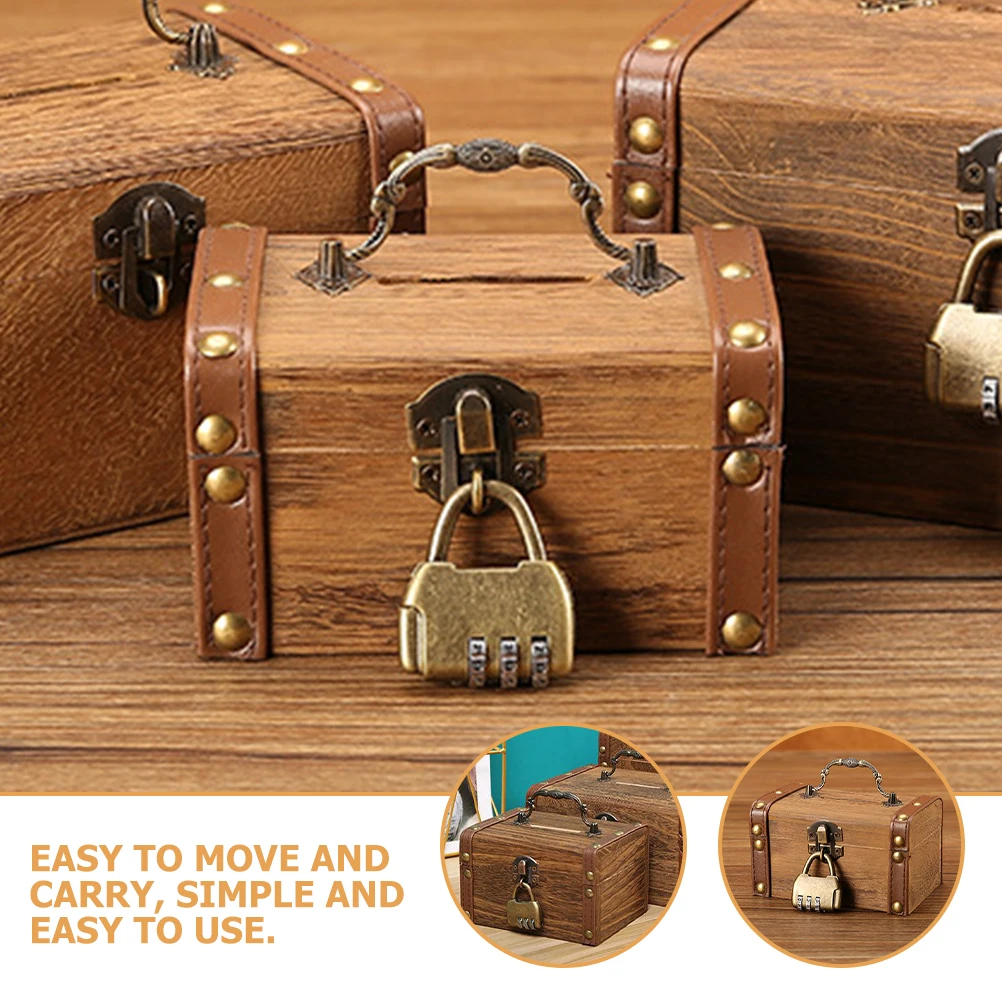 

Retro Trinket Case Vintage Money Safe Storage Box Lock Kids Wood Piggy Bank Small Size Jewelry Container Treasure Chest