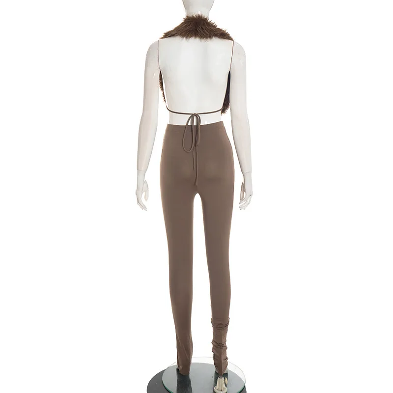 JENYAGE Damen Einfarbiges Weiches Flauschiges 2-Teiliges Outfit, Ärmelloses Crop-Top aus Kunstpelz, Hochgeschnittene Skinny-Leggings, Club-Party-Trainingsanzug – Detail 11