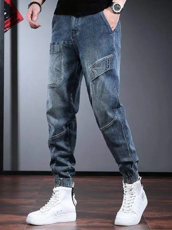 

Новые мужские рабочие джинсовые брюки-карго с отворотами, осенне-зимние, универсальные, с карманами, винтажные, мужские брюки, комплект из нескольких предметов, хлопок