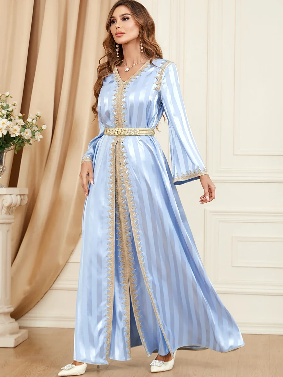 Autumn Muslim Abaya for Women 2 Piece Dress Set Satin Silky Maxi A-line Party Dresses Kimono Saudi Arabic Dubai Kaftan Islamic