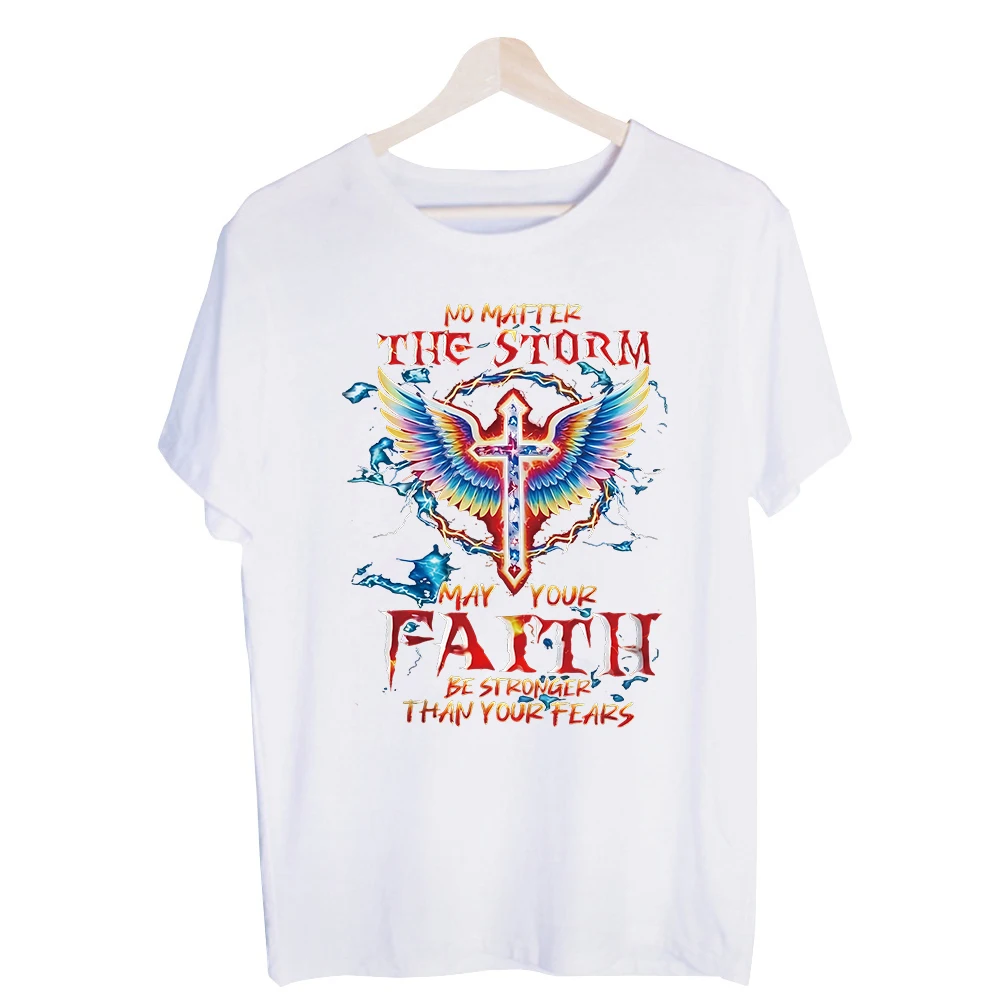 Men's Cross with Wings and Slogan Print Graphic Tee, Short Sleeve Crew Neck T-Shirt for Casual Daily Wear