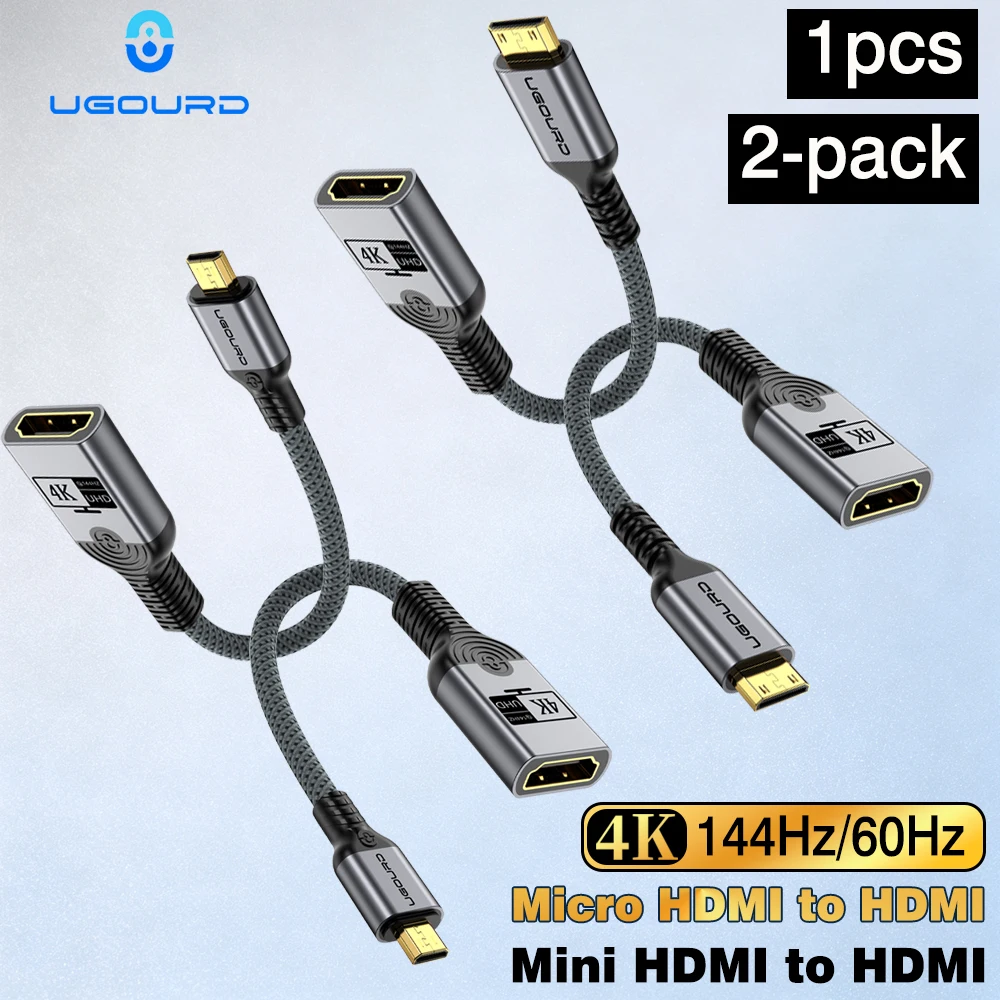 UGOURD 1 Stück 2er-Pack Micro/Mini-HDMI-Stecker auf HDMI-Buchse Adapter Geflochtenes Kabel 4K HDR Bidirektionaler Konverter Hohe Bildwiederholrate