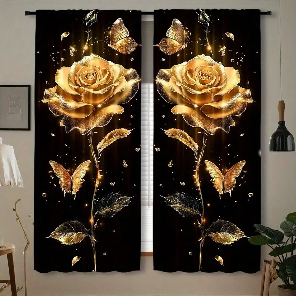 Rose Golden Floral Print Curtain Panels 2pcs Set - Rod Pocket Window Treatments For Bedroom, Living Room & More
