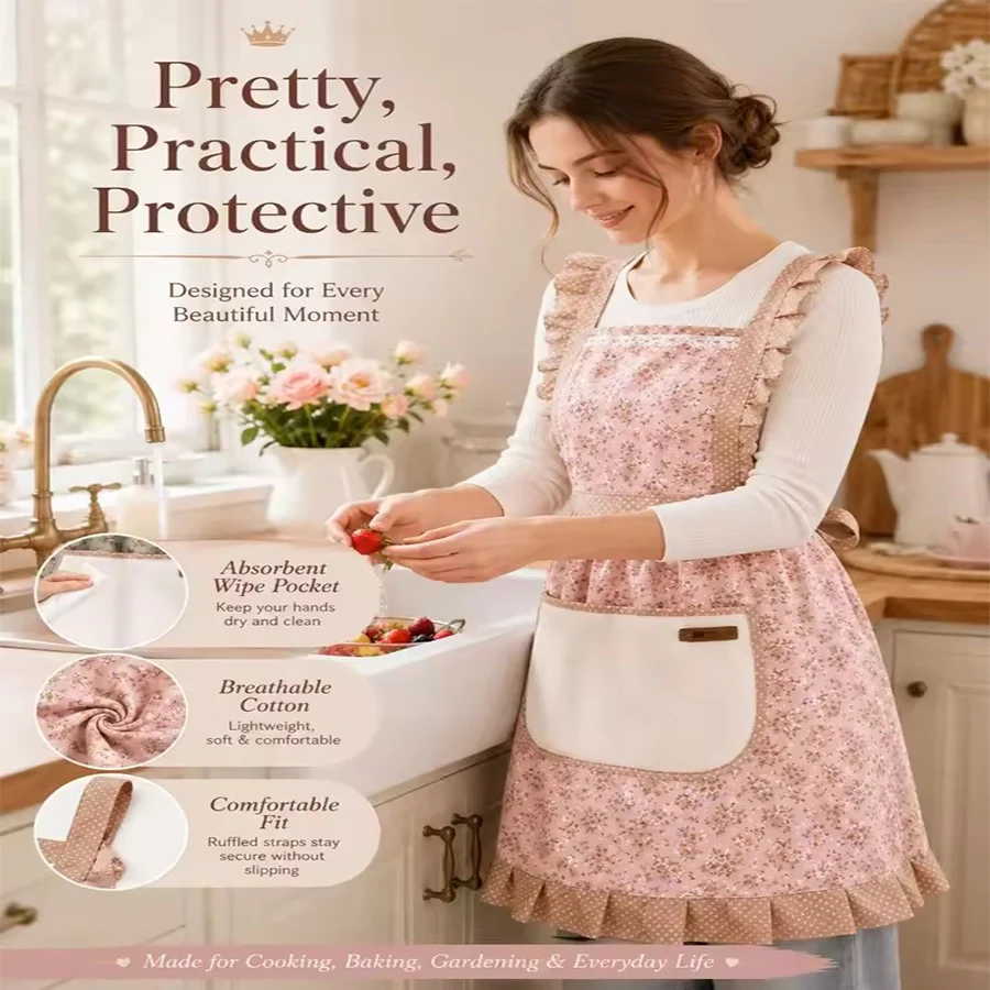Princess Kitchen Apron for Women, Back Buckle Apron with Towel, Oil Proof Bib Apron with Large Pockets for Cooking