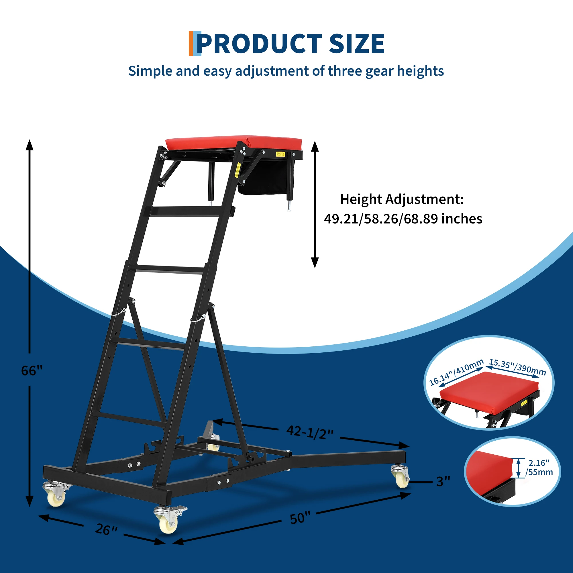 Professional Adjustable High Top Mechanic Creeper, 400LBS Capacity over-Engine Automotive Creeper for Trucks & Heavy Duty Repair, with Tool Pouch & Locking Casters, Height Range 49.2