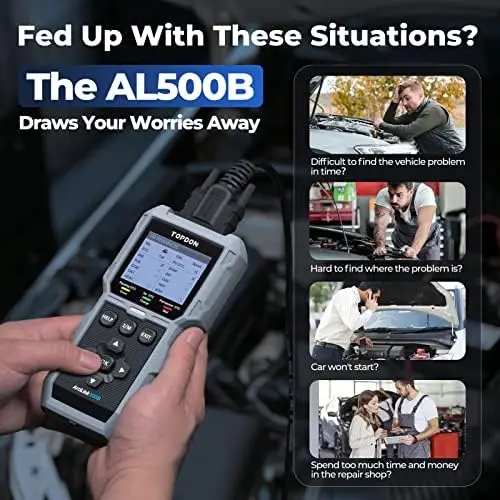 

TOPDON AL500B 2-в-1 сканер OBD2 и тестер аккумуляторов – Полная диагностика OBDII, тесты на пуск и зарядку 12В/24В