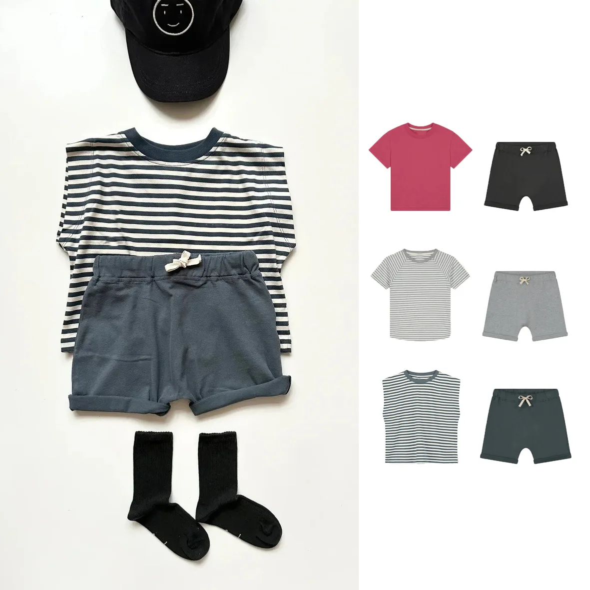 

RomperDew Children's Summer Short-sleeved Infant Toddler Solid Colour Shorts Children's Casual Striped Vests T-Shirts