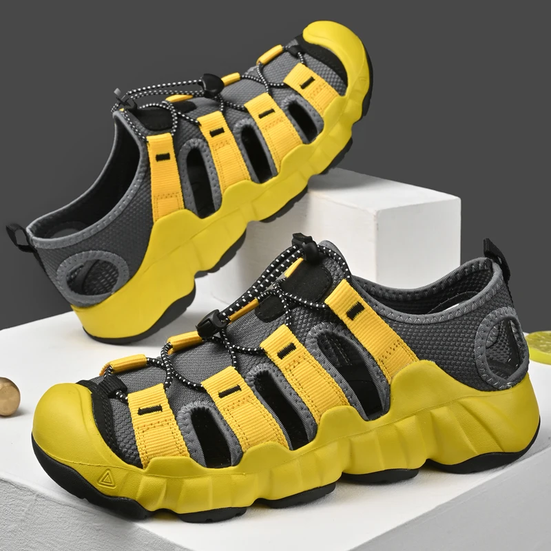 Sandalias de marca amarillas a la moda para hombre, sandalias informales de verano para exteriores, sandalias de playa para hombre, zapatos de senderismo para caminar de cuero de vaca de calidad