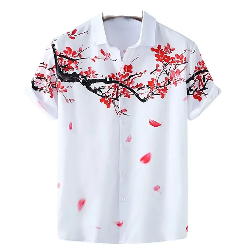 

Chinese Style Plum Blossom Print Short-sleeve Shirt Men's Casual Breathable Summer Blouse for Daily Commute Vacation