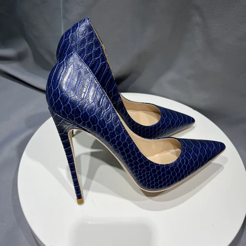 Tikicup Navy Blue Croc-Effect Women Pointed Toe High Heel Shoes Elegant Ladies Fashion Stiletto Pumps Plus Size 34-45