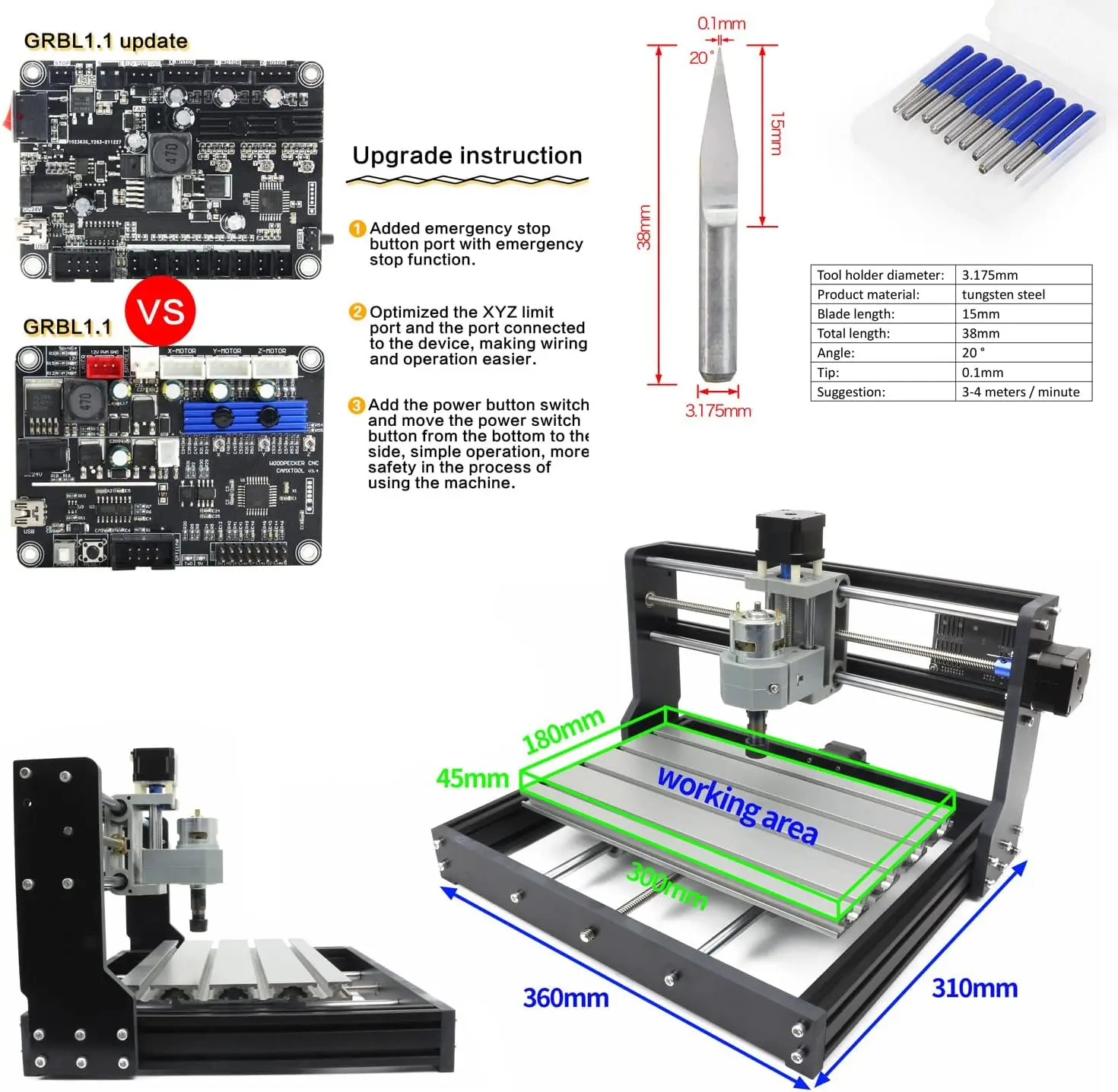 Router Kit, 3 Axis Hobby CNC Router Machine GRBL Control, Plastic Acrylic PVC PCB Wood Mini Desktop