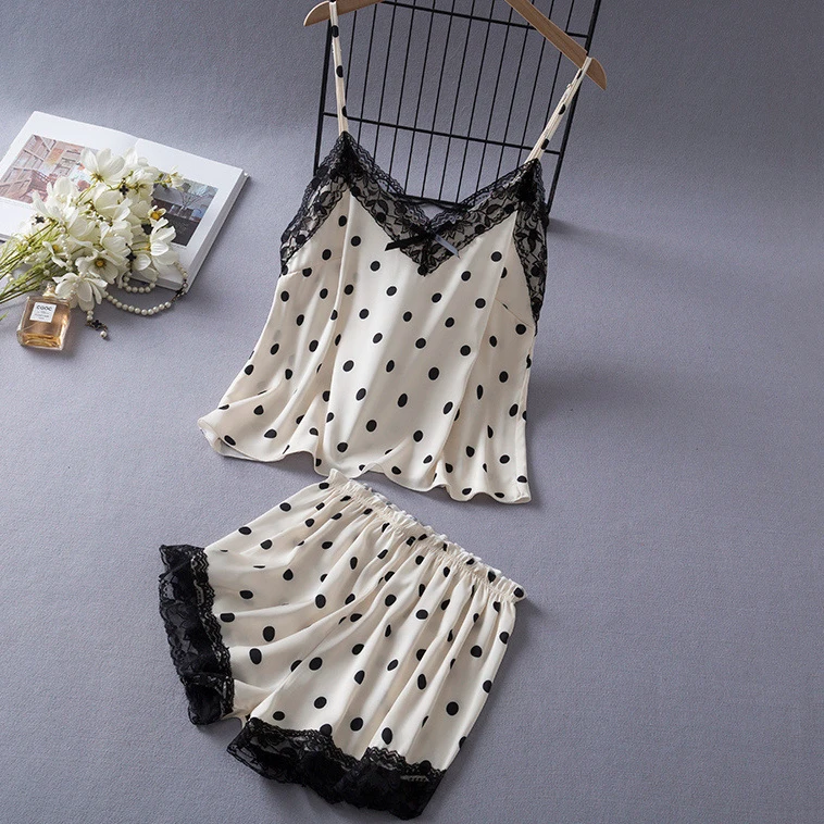 Black Print Flower Chemise Sleepwear Pajamas Set Summer Satin Strap Top&Shorts Lingerie Lounge Wear Loose Sexy Lace Home Wear