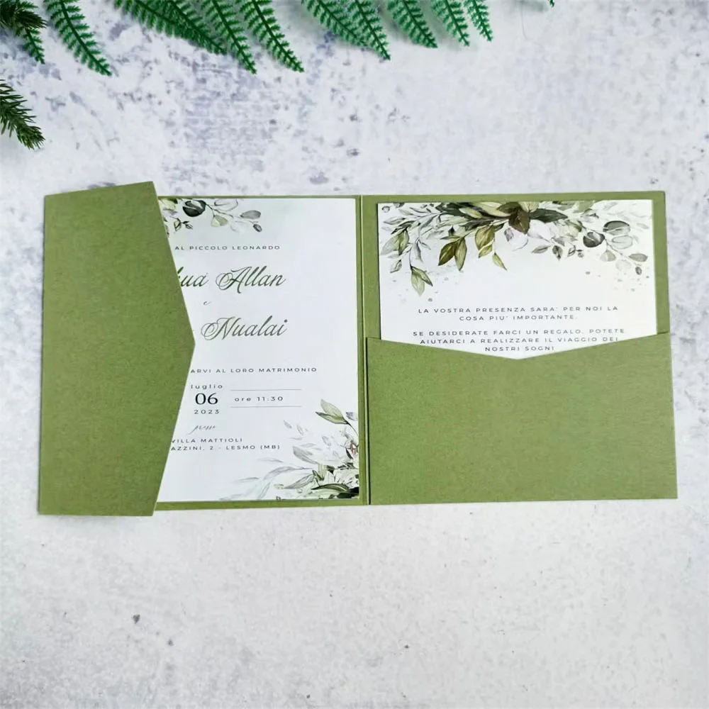 Olive Green Wedding Invitation Pocket Envelop Folder Personalized Invite RSVP Printing 250G Paper 50 Pcs