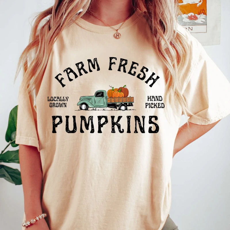 

Fashion Fall Pumpkin T-shirt Farm Fresh Pumpkins T-shirts For Women Crew Neck Short Sleeves Ladies Casual Oversized T Shirts