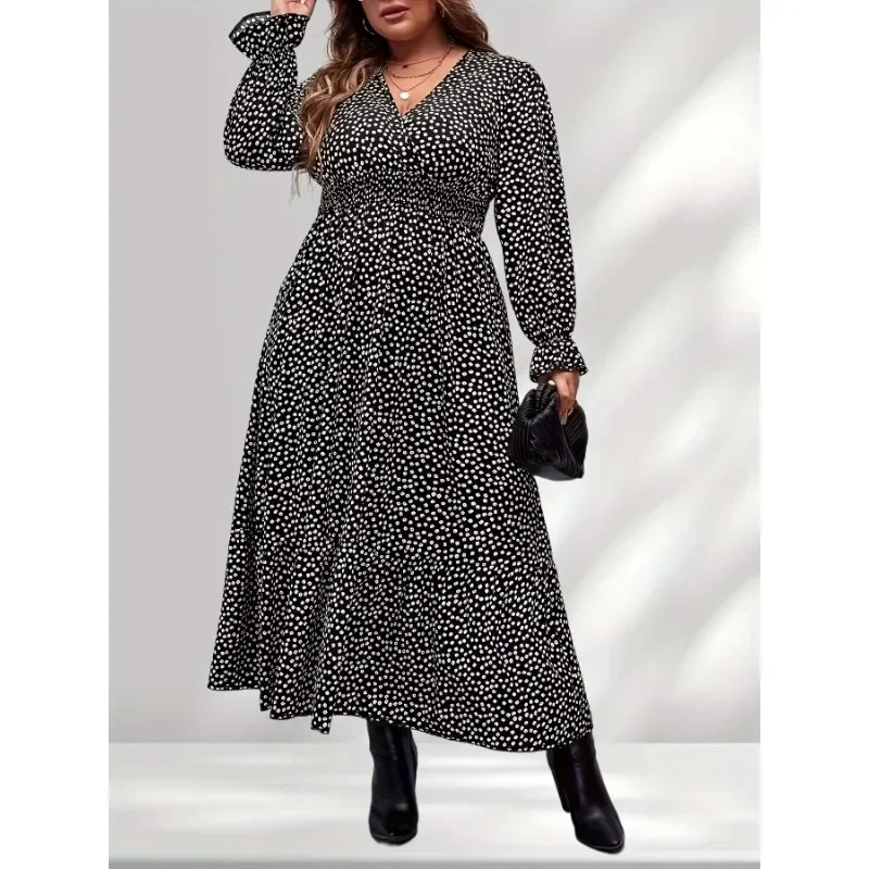 

Plus Size New Fashion Women's Polka Dot Print Dress Casual and Versatile Pleated Sleeve Dress Elegant and Stylish Long Dress
