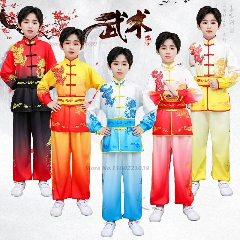 

2025 children vintage wushu kung fu set dragon print wushu kung fu martial arts clothes tai chi training exercise practice suit