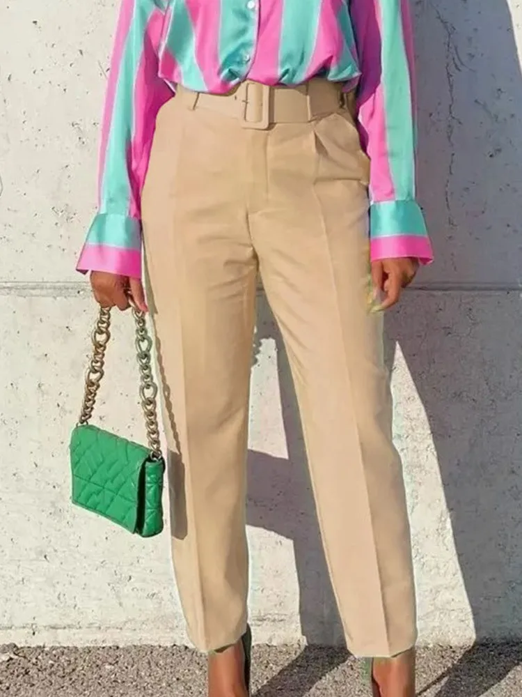 Business Pencil Pants Women Fashion 2025 Spring Summer Solid Casual High Waist Cropped Pant Office Lady Pocket Trouser With Belt