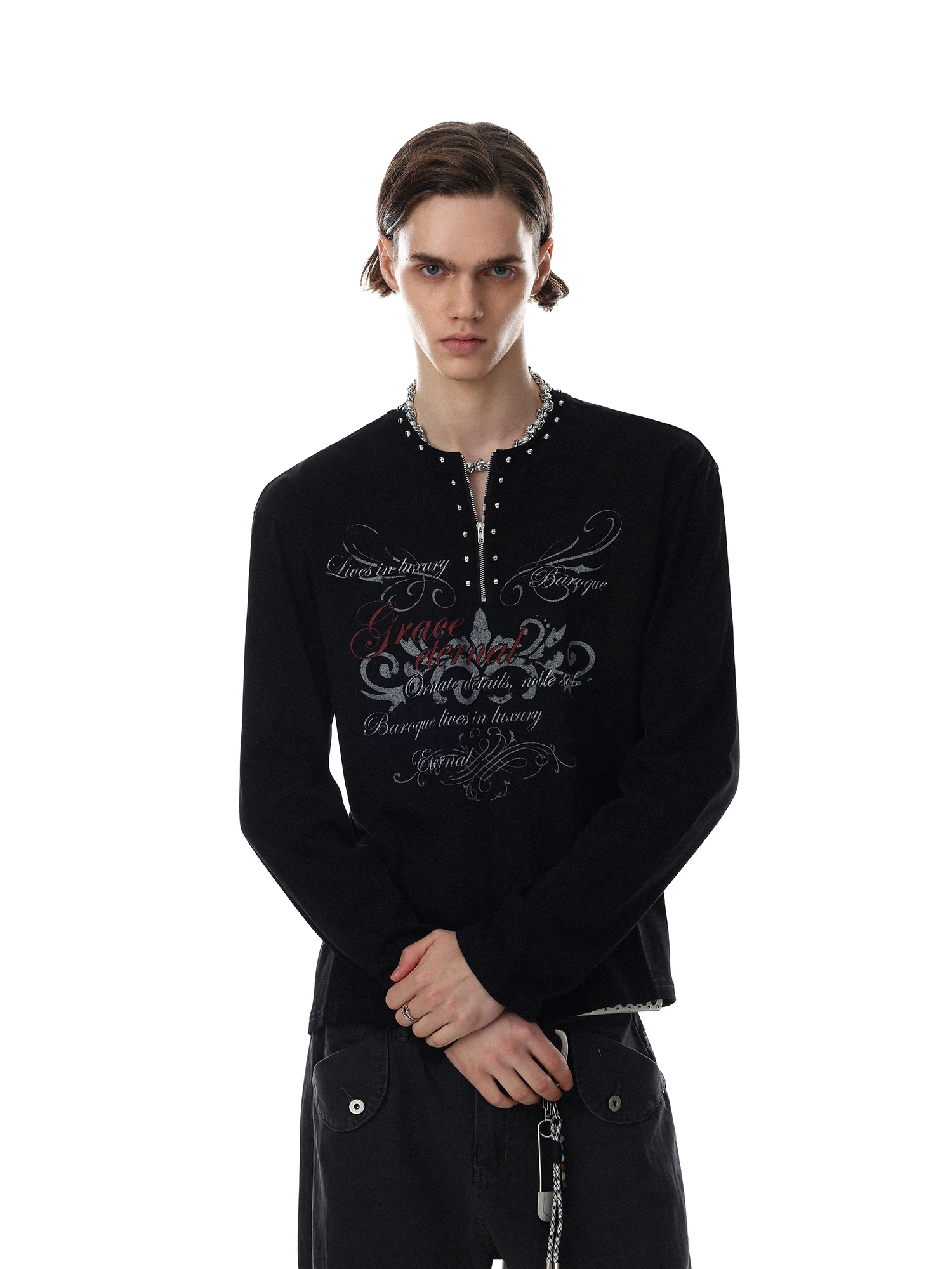Retro Dark Style American Rivet Half Zip Long Sleeve T-Shirt Men Worn in Cotton Print Loose Fit round Neck Casual Top