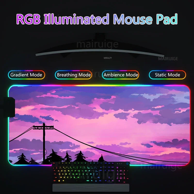 Drop Shipping Neon RGB Led Backlight Mouse Pad Pink Clouds Gaming Accessories Mouse Mat Sunset Keyboard Desk Mats XXL MousePad