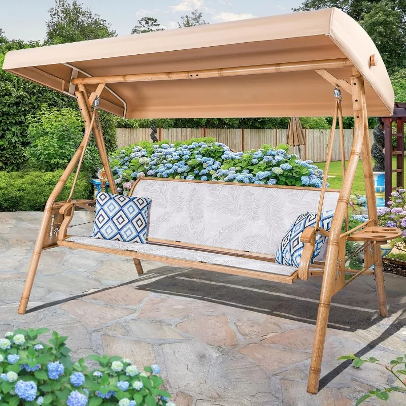 

3 Person Patio Swing Outdoor Swing for Adults with Adjustable Canopy &Upgraded Cup Holders Textilene Fabric Porch Swing Chair
