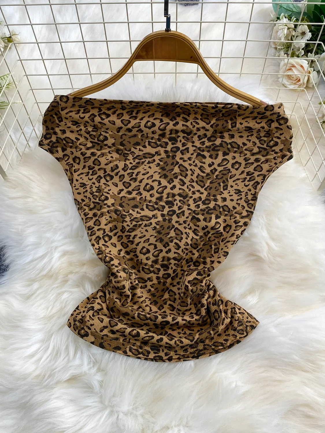 Sexy American Hot Girl Style Sleeveless T-Shirt Women's Summer Slim Fit Leopard Print Top One Shoulder Belted Waist Hugging