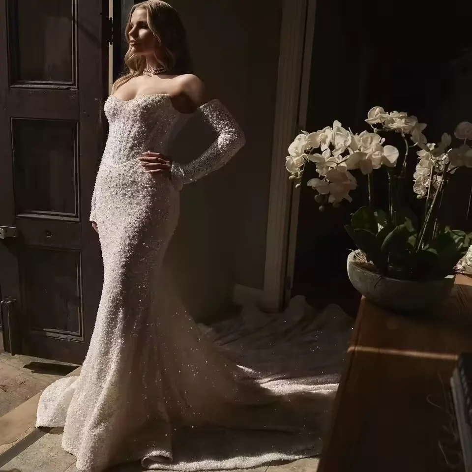 Suknia ślubna syrena luksusowa na zamówienie z satynowym odpinanym trenem, długi rękaw, suknia dla panny młodej, koronka, koraliki, Vestido De Novia