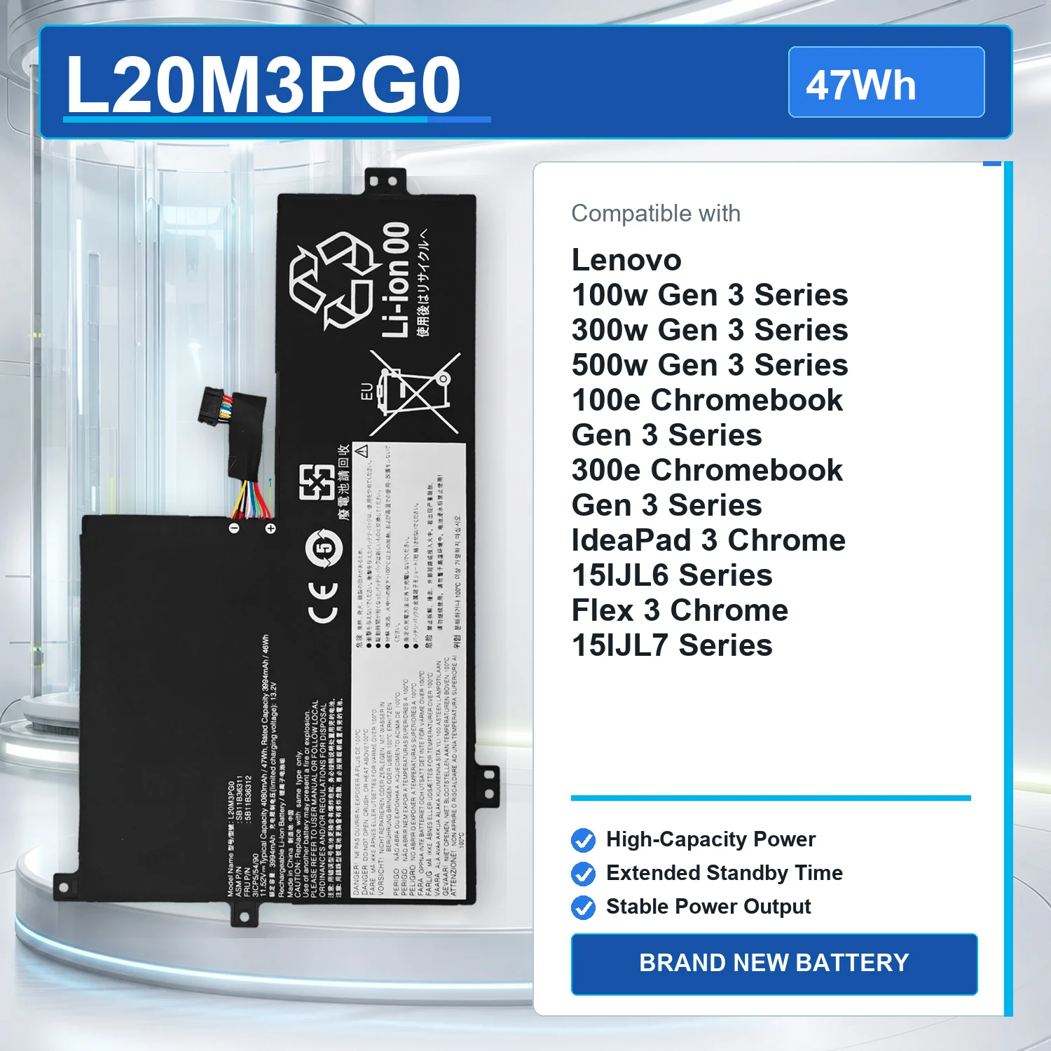L20M3PG0 47Wh 11.52V Laptop Battery For Lenovo ThinkPad 100w 300w 500w Gen3 100e 300e Chromebook Gen3 L20C3PG0 L21C3PF0
