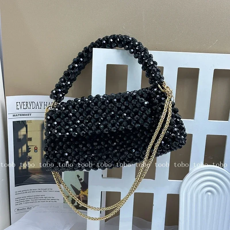 

High Quality Beaded Woven Shoulder Bags for Women Detachable Handle Customized Beading Chain Bag Versatile Ladies Flap Hand Bags