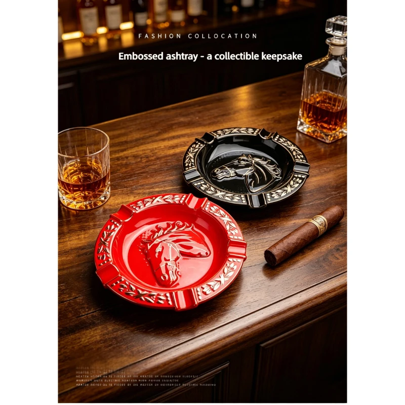 

Embossed Ceramic Ashtray for 5 People Horse Head Design Red & Black Set Collectible Cigar Ashtray Home Decor Gift
