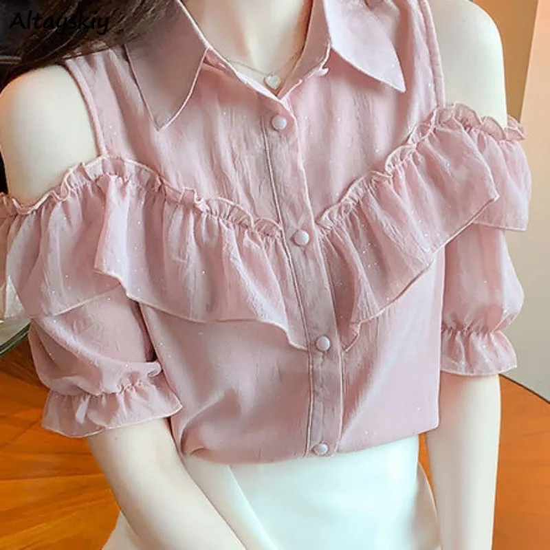 

Женские рубашки с открытыми плечами, универсальные Летние Элегантные однобортные модные мягкие однотонные Топы с коротким рукавом, шикарная одежда