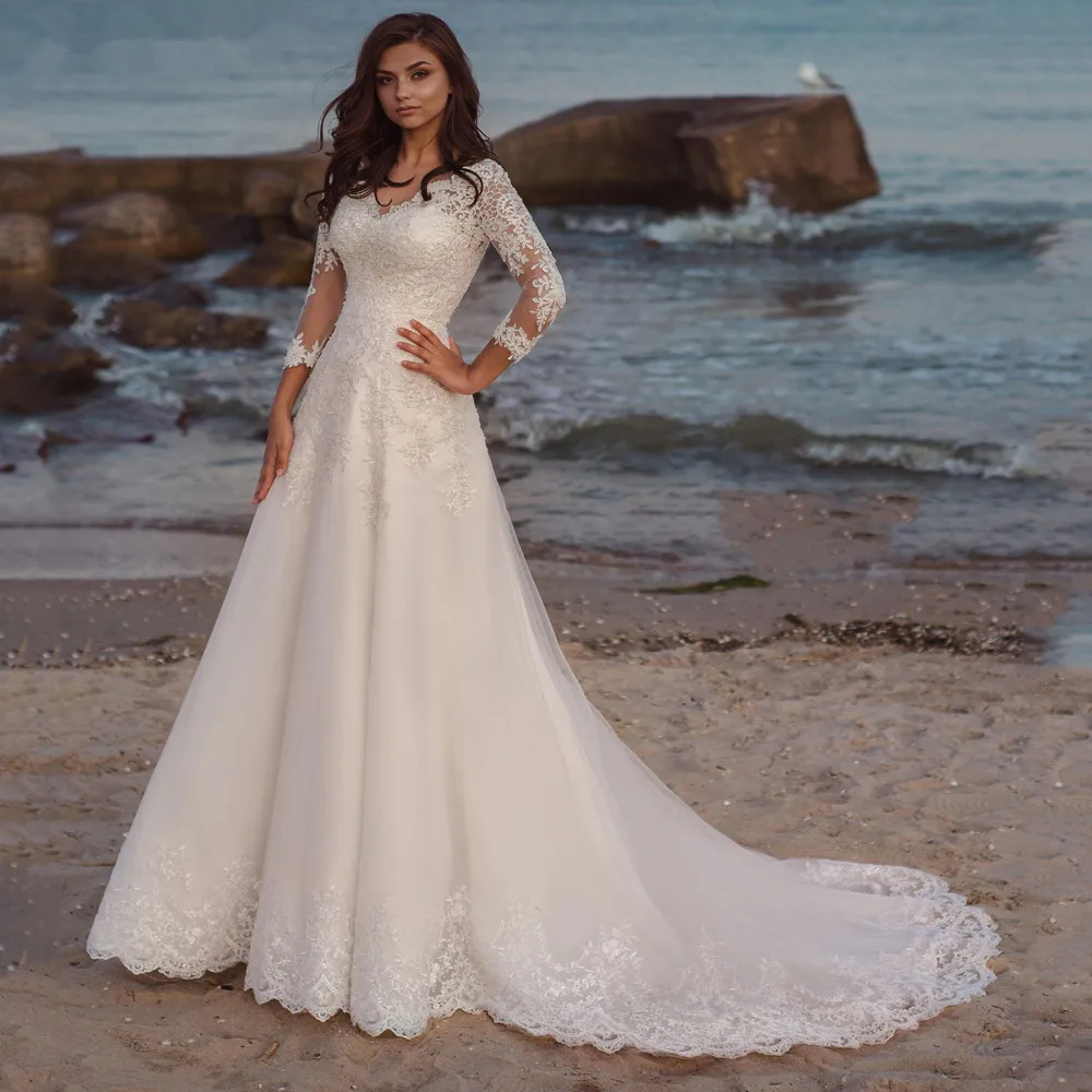 

Customized Wedding Dress Eleagnt Long Sleeves V Neck Vestidos De Noiva Appliques Sweep Train Bridal For Women Robe De Mariee