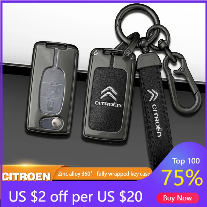 

2026 Hot Car Sticker Zinc Alloy Leather Car Flip Remote Key Case Cover Protector Shell Fob For Citroen C1 C2 C3 C4 C5 XSARA PICA