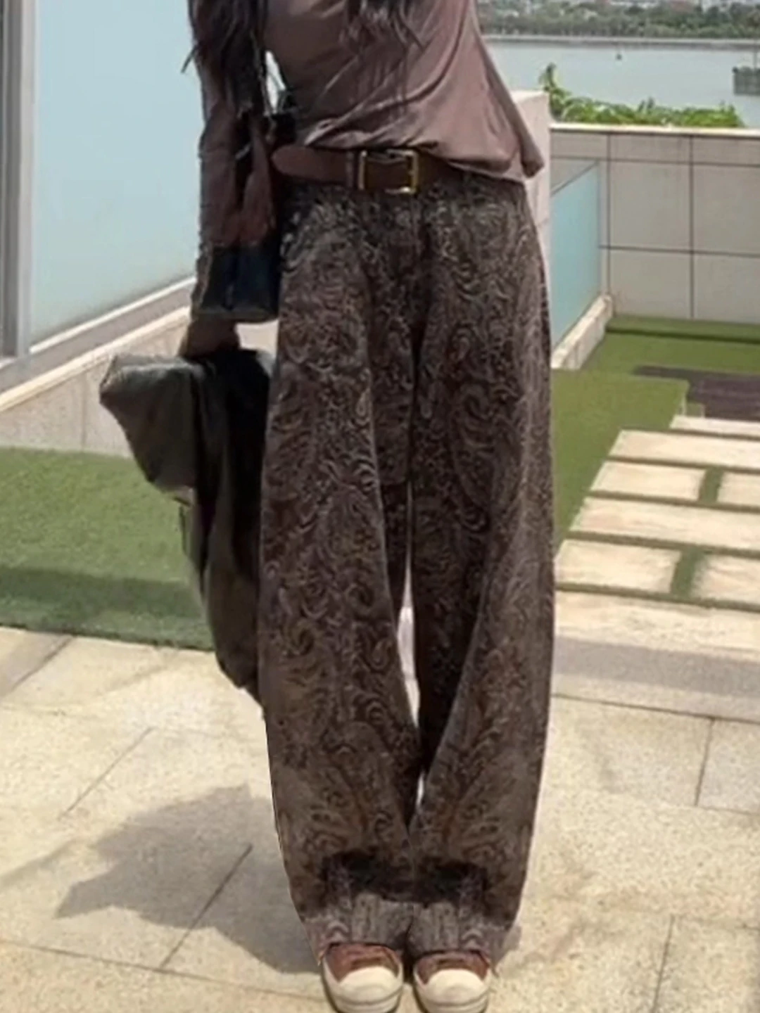 

American Sle Retro Embroidered Denim Pants Women's High Waist Wide Leg Knife Banana Pants Casual Geometric Pattern