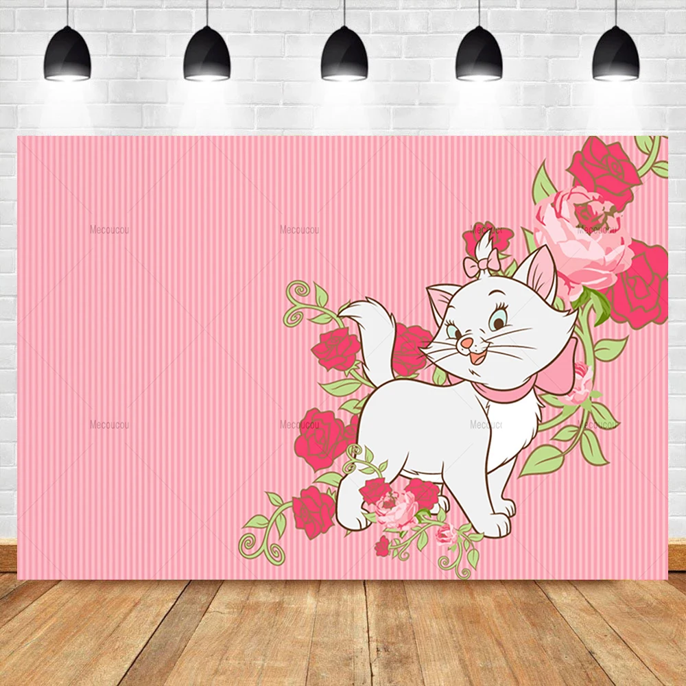 Disney Schattige Roze Mary Cat Girl Happy Birthday Party Achtergrond Aangepaste Baby Shower Party Achtergrond Foto Decoratie Rekwisieten