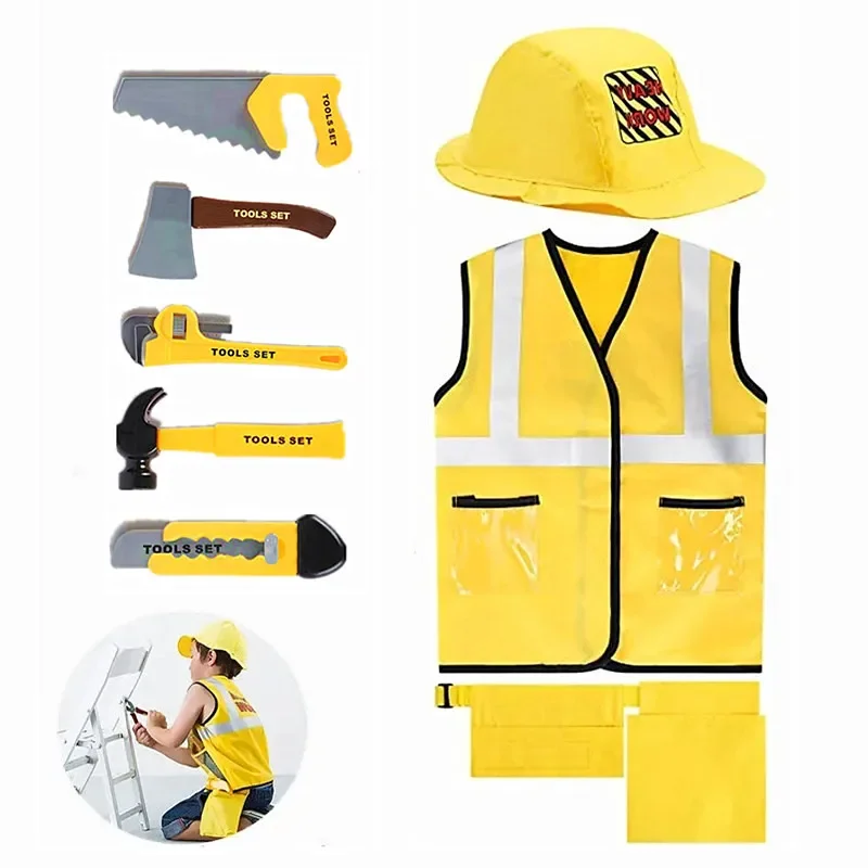 3-6Y Kids Construction Worker Costume Toddler Worker Career Dress Up Vest Matching 5PC Toy Repair Tool Set Best Gift for Kids