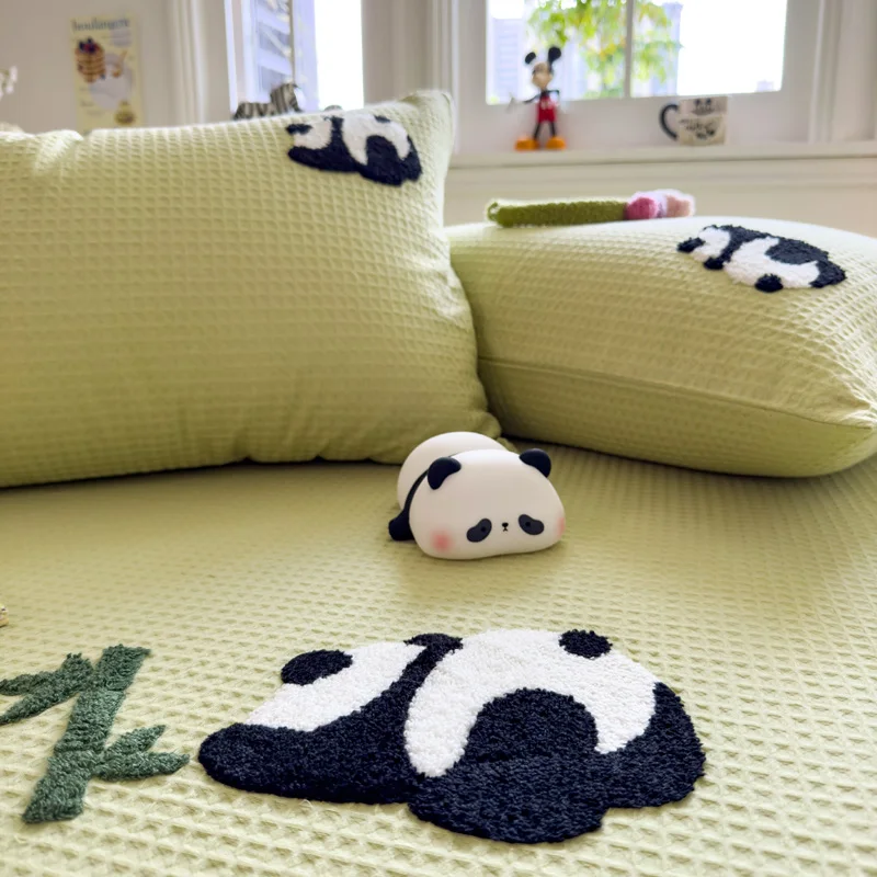 100%Cotton Waffle Bed Sheet Embroidery Panda Fitted Bed Sheet Queen/King sabana para cama Solid Color colcha de cama casal