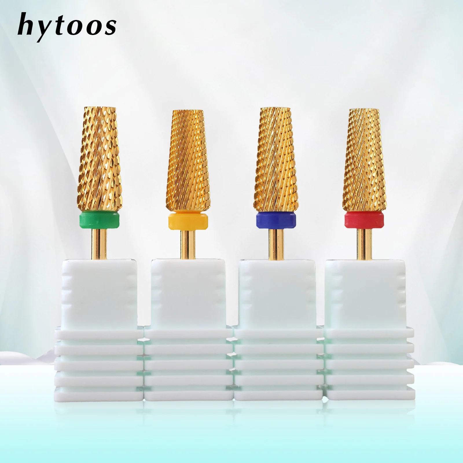 HYTOOS ゴールド テーパー型 5 in 1 ネイルドリルビット フラットトップ 超硬ネイルビット ジェル除去 電動ドリル ファイル マニキュア アクセサリー ツール