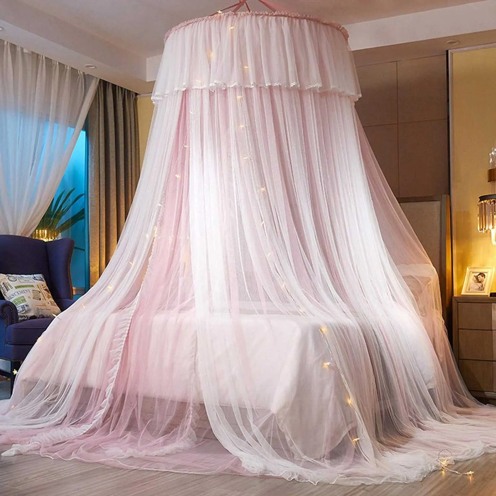 Princess Bed Canopy for Girls Bed Canopy Curtain Double Layer Sheer Mesh Dome Bed Curtain Round Lace Princess Mosquito Net Tent