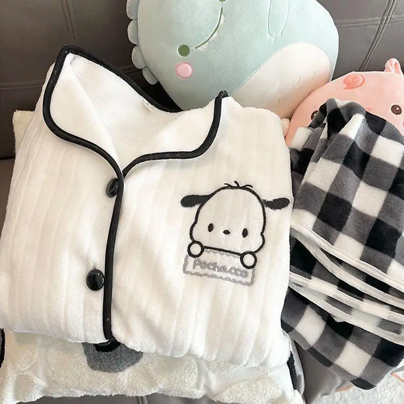 Kawaii Snoopy Pochacco Pajamas Winter Thick Flannel Cardigan Collar Warm Home Clothes Long Sleeved Top Pants Set Gift for Girls