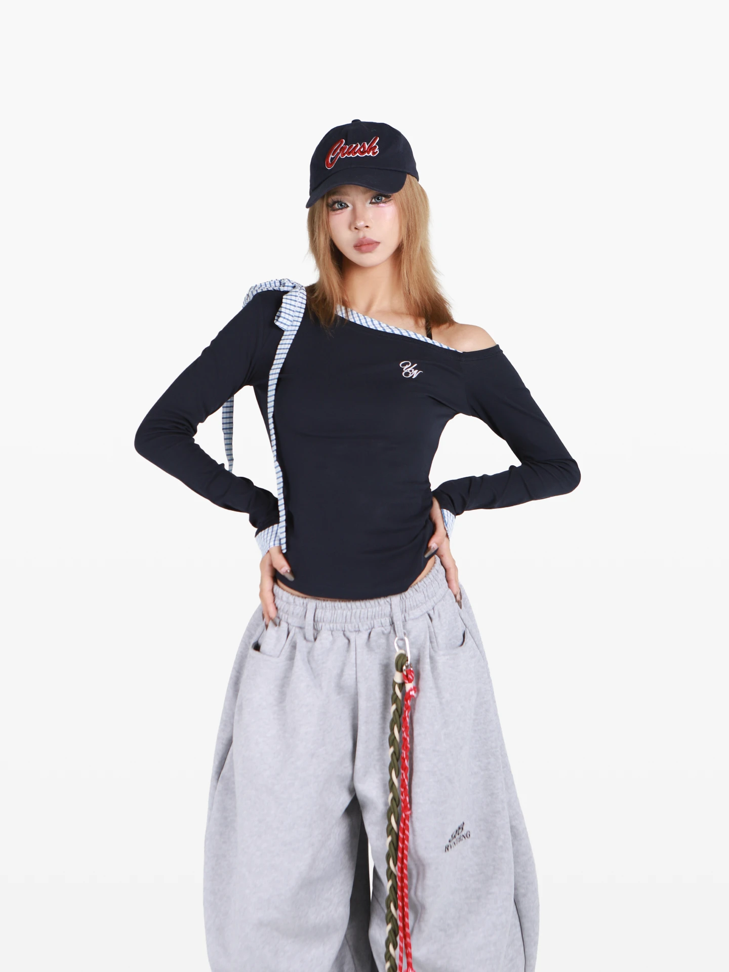 

Женский топ POOKIE Spicy Girl с вышивкой, диагональными завязками на плечах, длинными рукавами, клетчатыми вставками и открытыми плечами, утягивающий фигуру