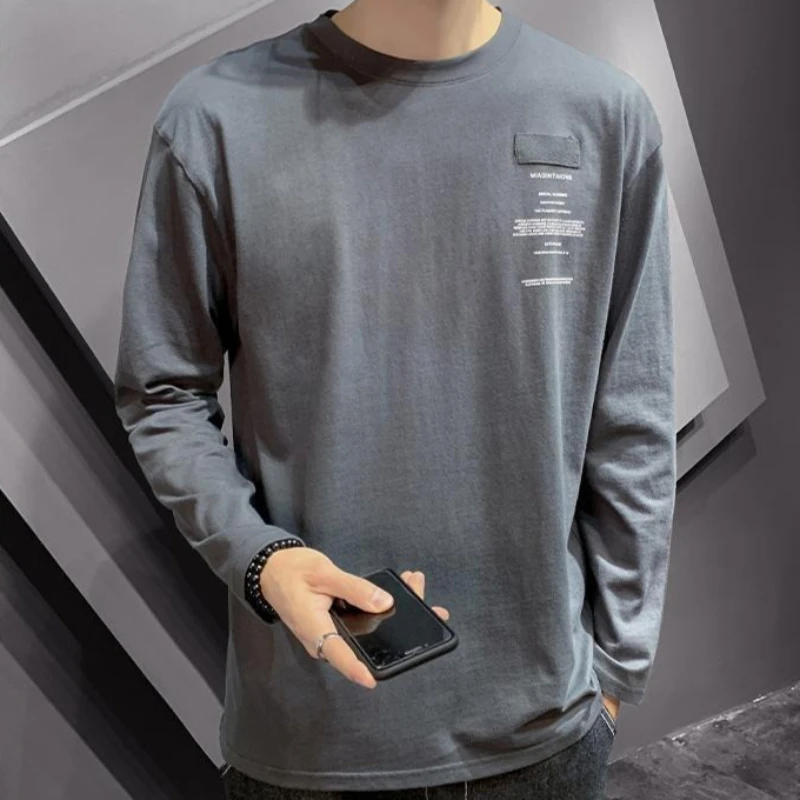 

Хлопковая футболка с длинными рукавами, мужская новая модная свободная футболка, универсальный базовый слой, топ на весну и осень, с круглым вырезом