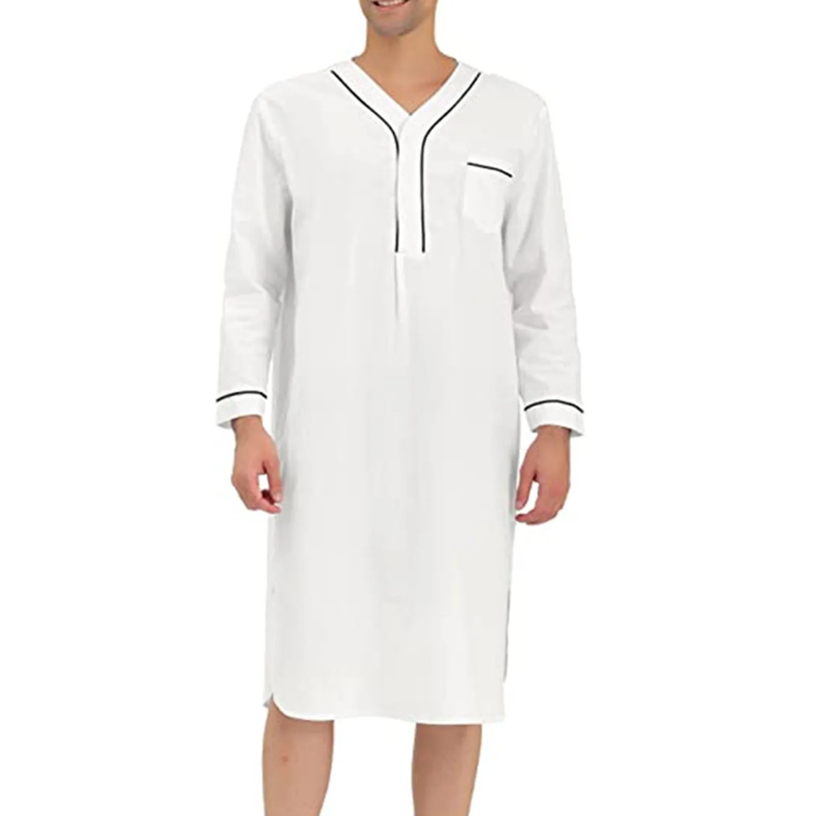 Neue männer Pyjamas Casual Langarm V-ausschnitt Pyjamas Mode Lose Fit Einfarbig Hohe Qualität Nachthemd Komfortable Homewear – Detail 16
